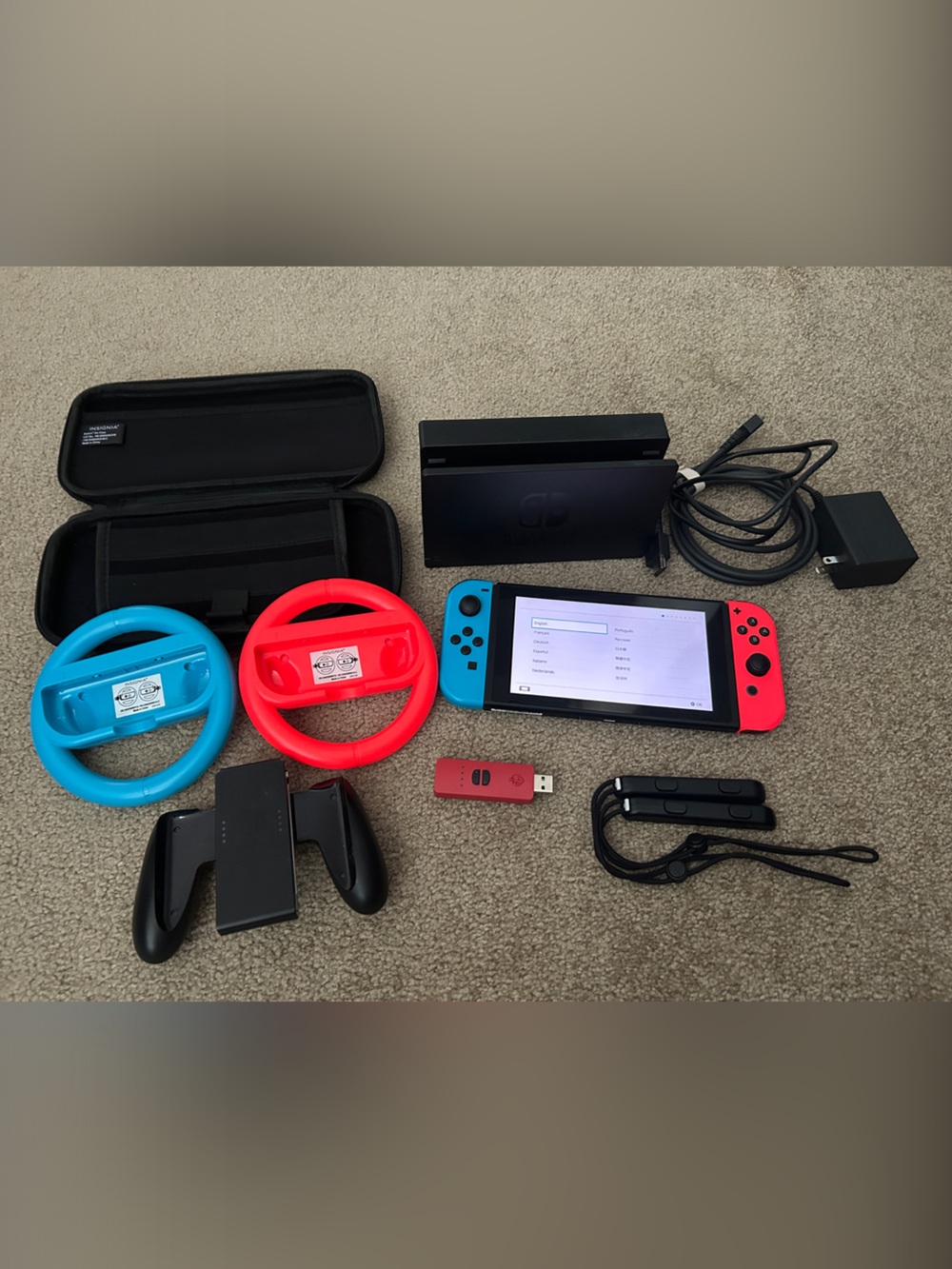Nintendo Switch with Neon Red & Neon Blue Joy-Con and Accessories
